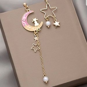 Crescent Moon & Star Kitty Cat Chain Drop Earrings